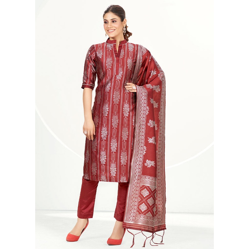 3 Pc Maroon Unstitched Silk Suit Set - JD986585573