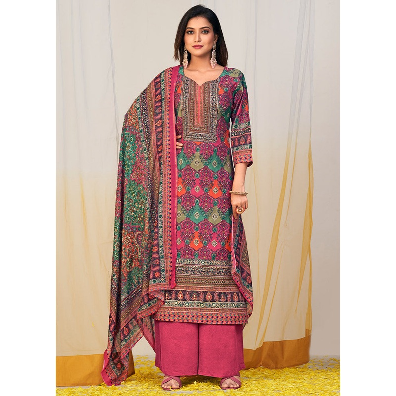 3 Pc Multicolor Unstitched Silk Suit Set - JD986585524