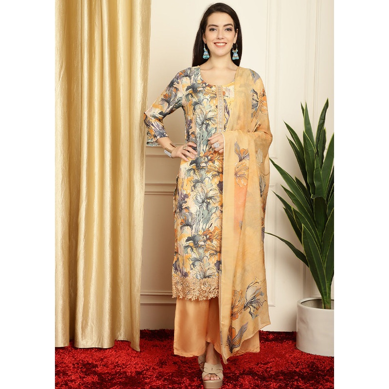 3 Pc Multicolor Unstitched Silk Suit Set - JD986585528