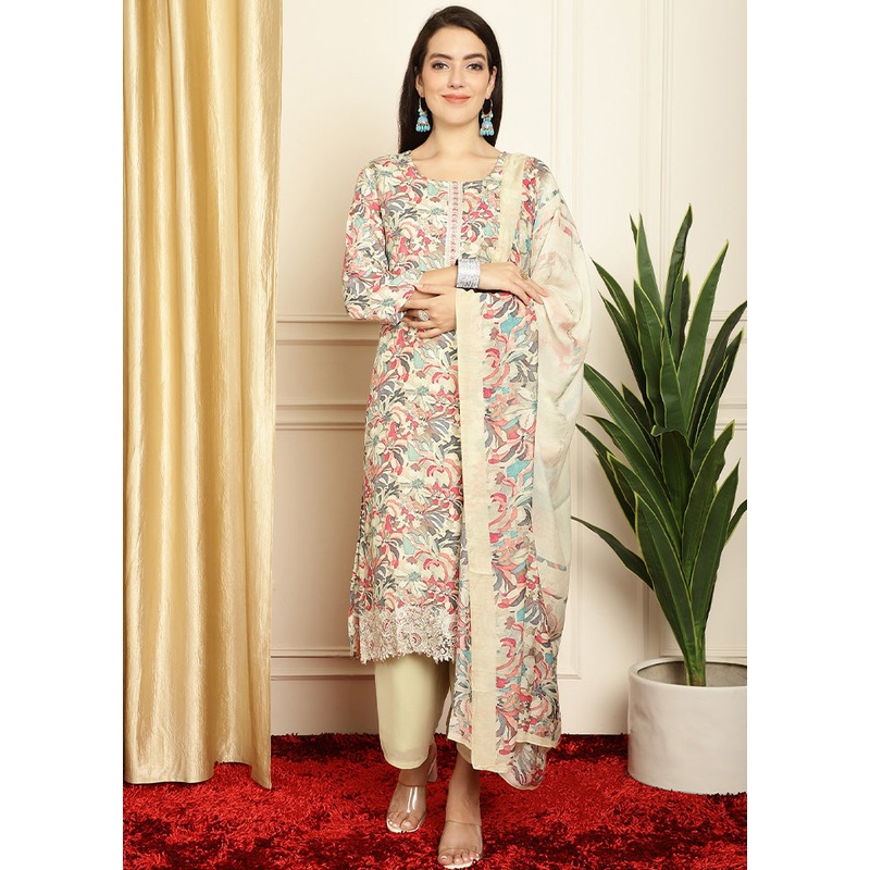 3 Pc Multicolor Unstitched Silk Suit Set - JD986585529
