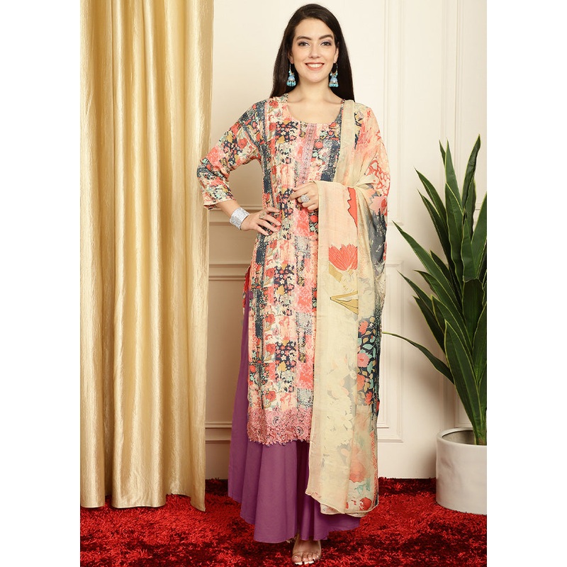 3 Pc Multicolor Unstitched Silk Suit Set - JD986585530