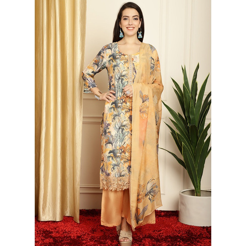 3 Pc Multicolor Unstitched Silk Suit Set - JD986585531