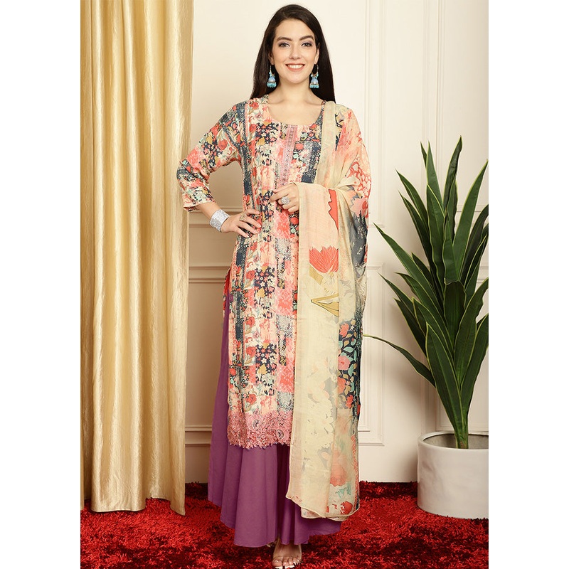 3 Pc Multicolor Unstitched Silk Suit Set - JD986585533