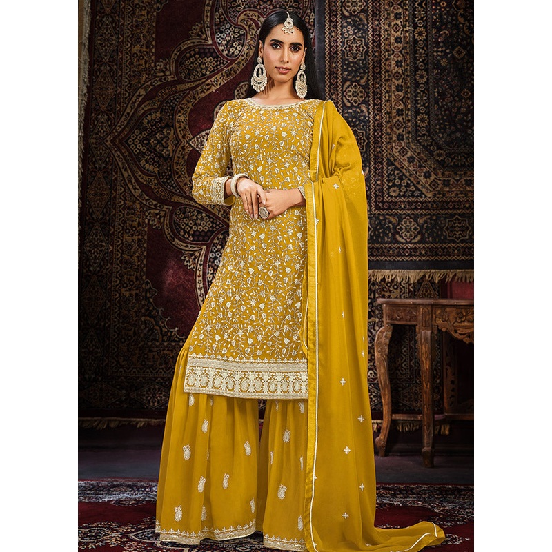 3 Pc Mustard Georgette Unstitched Suit Set - JD986585523