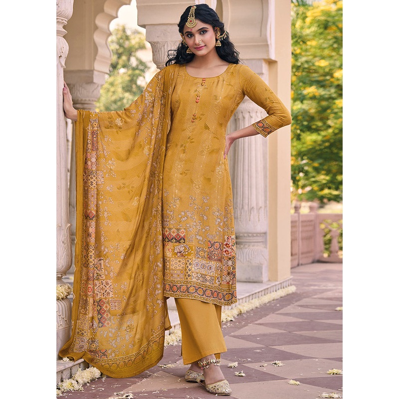 3 Pc Mustard Unstitched Cotton Suit Set - JD986585519