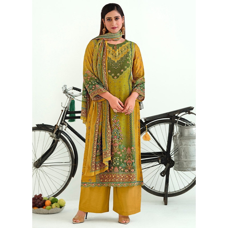 3 Pc Mustard Unstitched Pashmina Suit Set - JD986585518