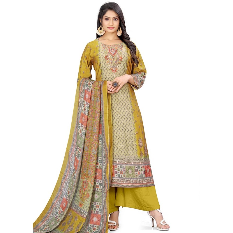 3 Pc Mustard Unstitched Silk Suit Set - JD986585517