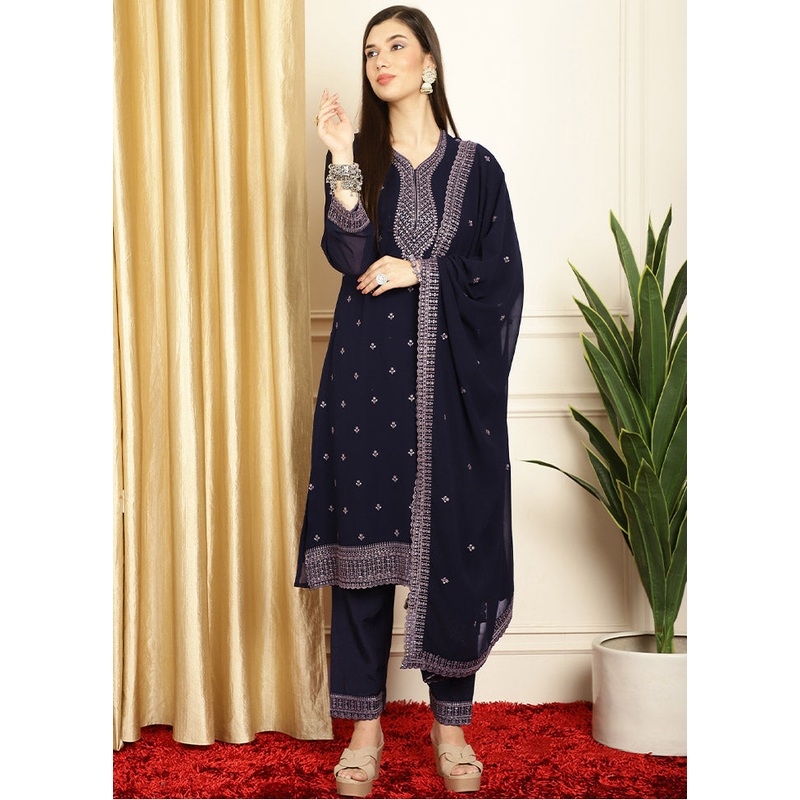 3 Pc Navy Blue Unstitched Georgette Suit Set - JD986585514