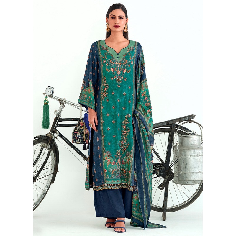3 Pc Navy Blue Unstitched Pashmina Suit Set - JD986585513