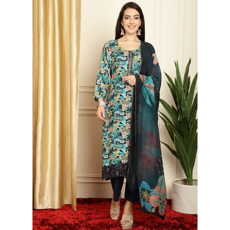 3 Pc Navy Blue Unstitched Silk Suit Set - JD986585511