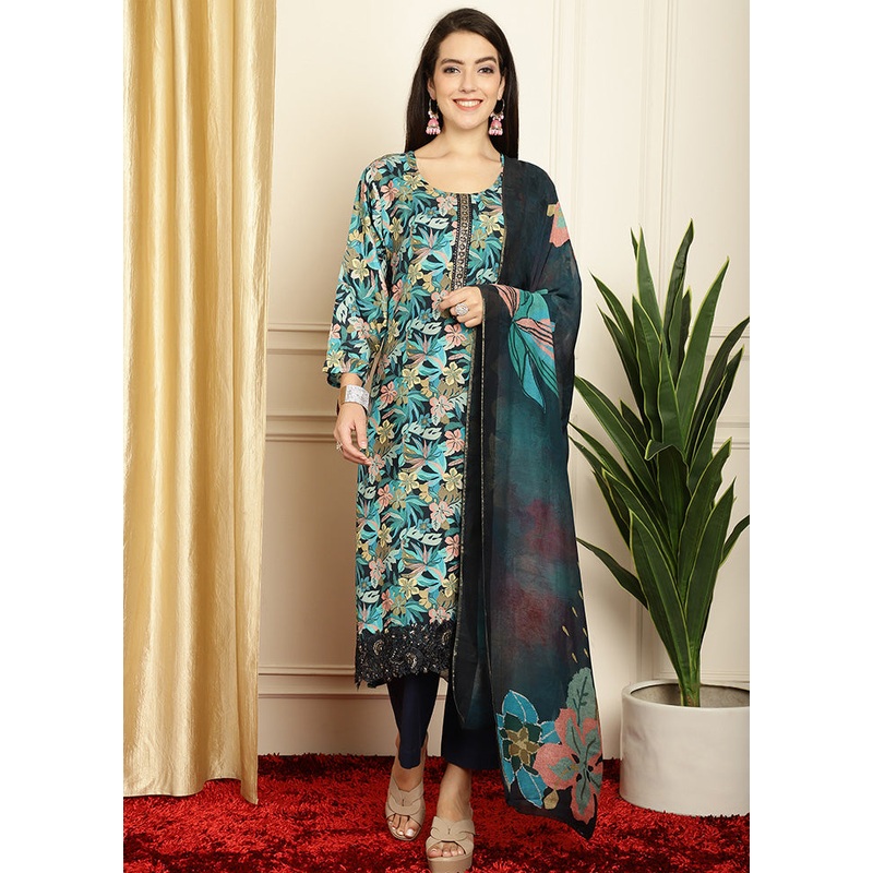 3 Pc Navy Blue Unstitched Silk Suit Set - JD986585512