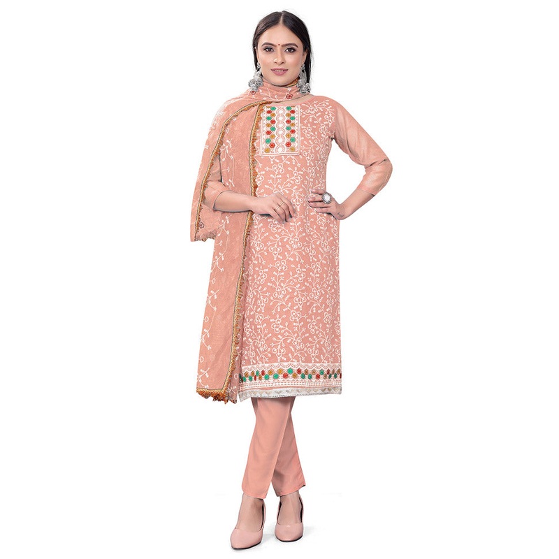 3 Pc Peach Unstitched Georgette Suit Set - JD986585493