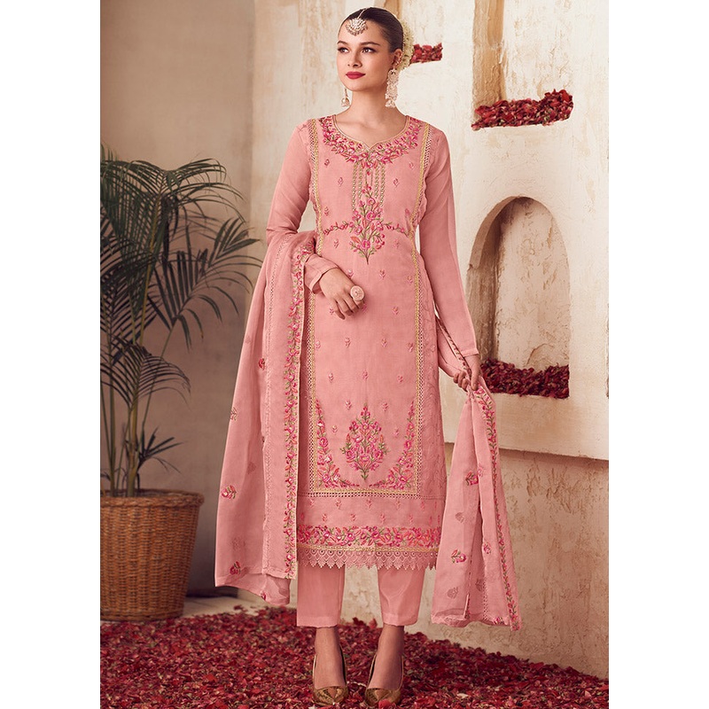 3 Pc Peach Unstitched Net Suit Set - JD986585490