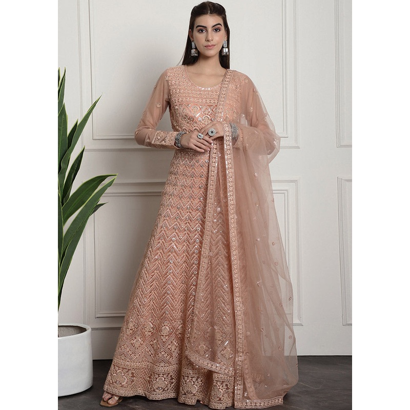3 Pc Peach Unstitched Net Suit Set - JD986585491