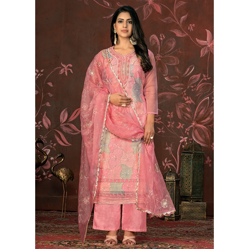 3 Pc Peach Unstitched Net Suit Set - JD986585492