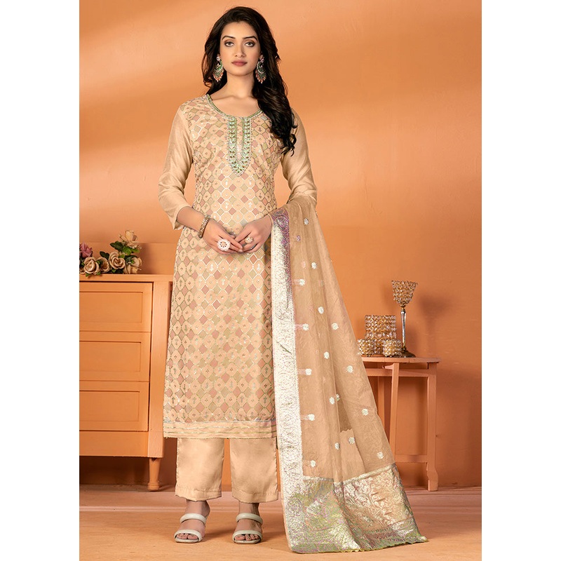 3 Pc Peach Unstitched Silk Suit Set - JD986585489