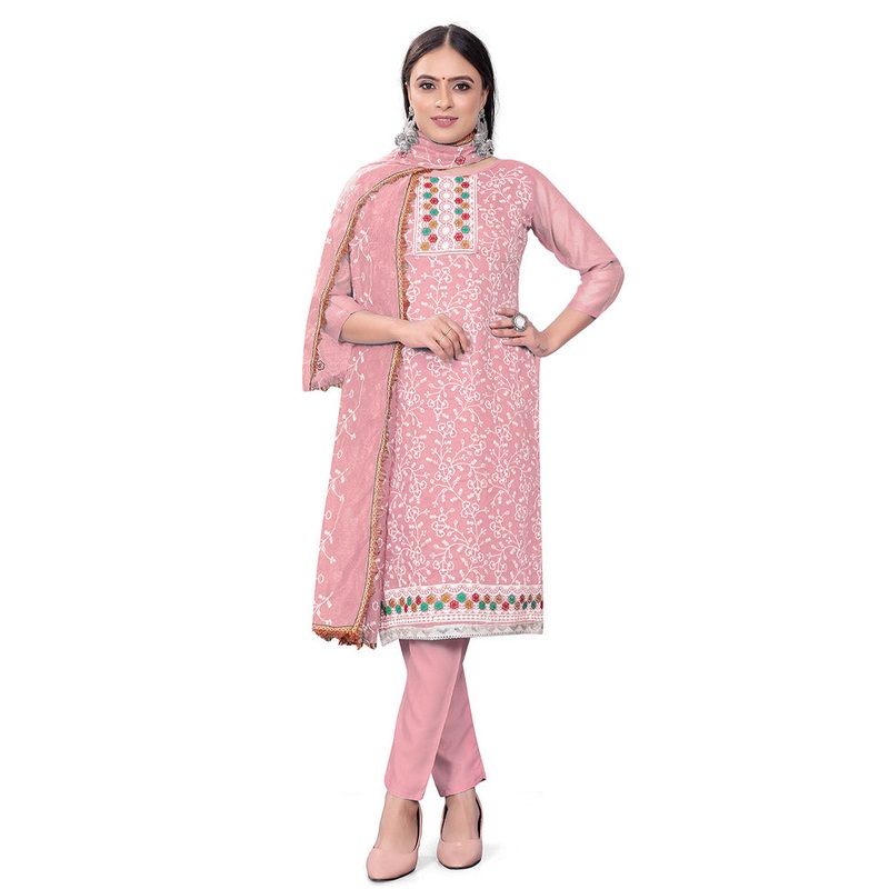 3 Pc Pink Unstitched Georgette Suit Set - JD986585457
