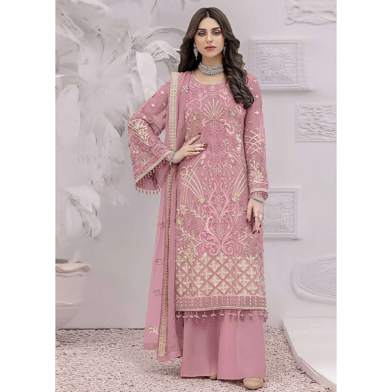 3 Pc Pink Unstitched Georgette Suit Set - JD986585458
