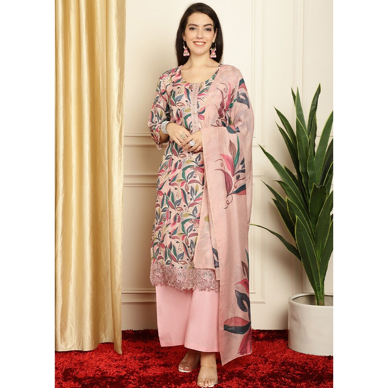 3 Pc Pink Unstitched Silk Suit Set - JD986585448