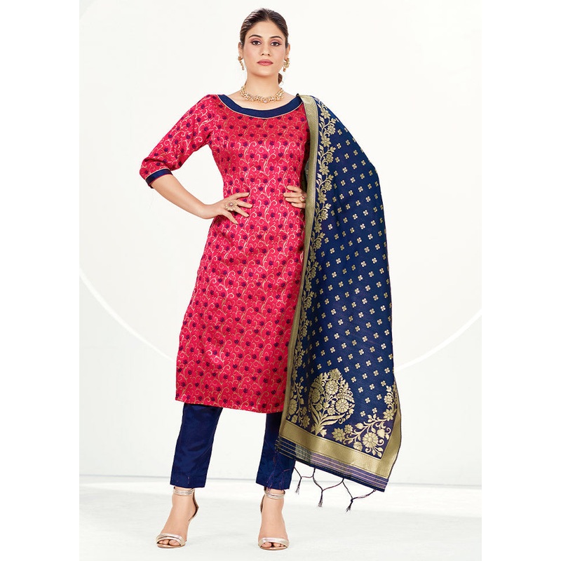 3 Pc Pink Unstitched Silk Suit Set - JD986585449