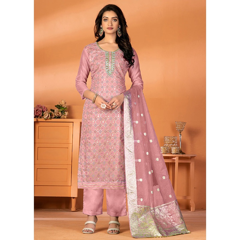 3 Pc Pink Unstitched Silk Suit Set - JD986585451
