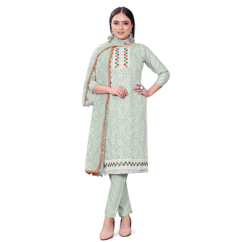 3 Pc Pista Green Unstitched Georgette Suit Set - JD986585446