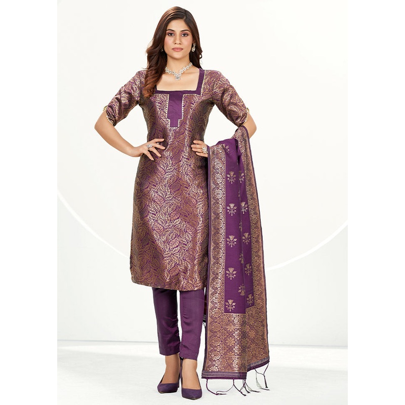 3 Pc Purple Unstitched Silk Suit Set - JD986585435