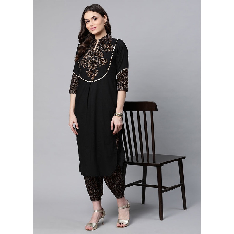 2 Pc Black Pure Readymade Cotton Kurti Set - JD986585275