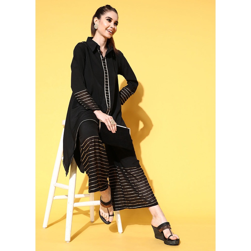 2 Pc Black Readymade Silk Kurti Set - JD986585278