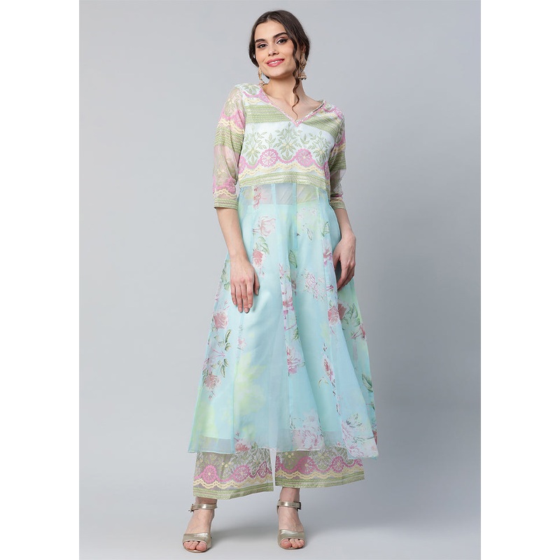 2 Pc Blue Readymade Net Kurti Set - JD986585280