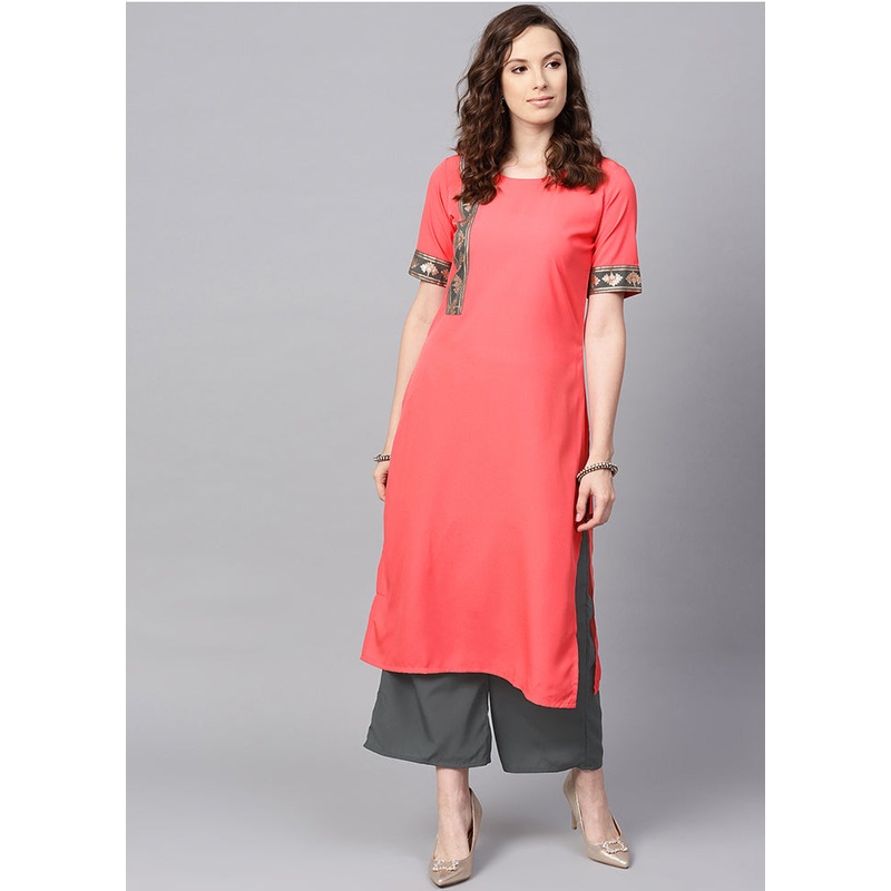 2 Pc Peach Readymade Crepe Straight Kurti Set - JD986585250