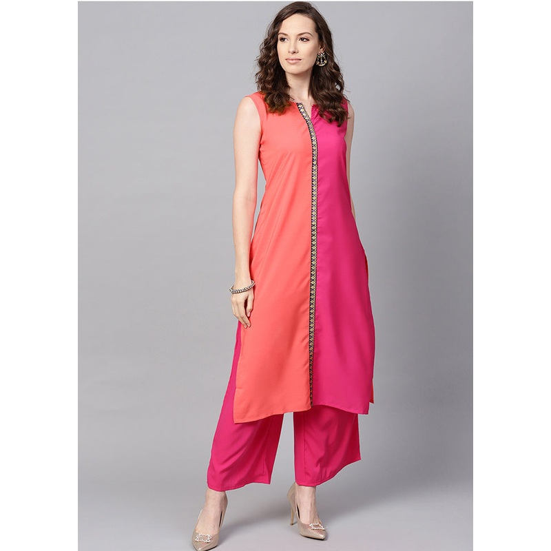 2 Pc Pink Readymade Crepe Straight Kurti Set - JD986585251