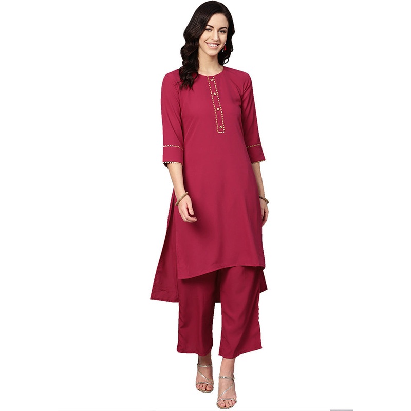 2 Pc Pink Readymade Crepe Straight Kurti Set - JD986585253
