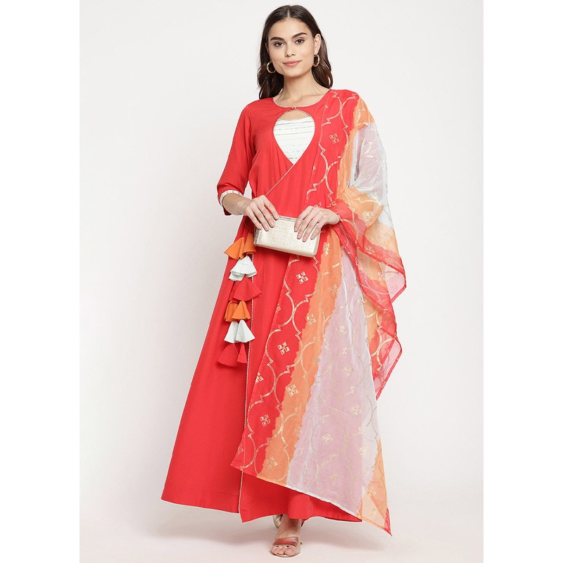 2 Pc Red Georgette A Line Kurti With Dupatta - JD986585267