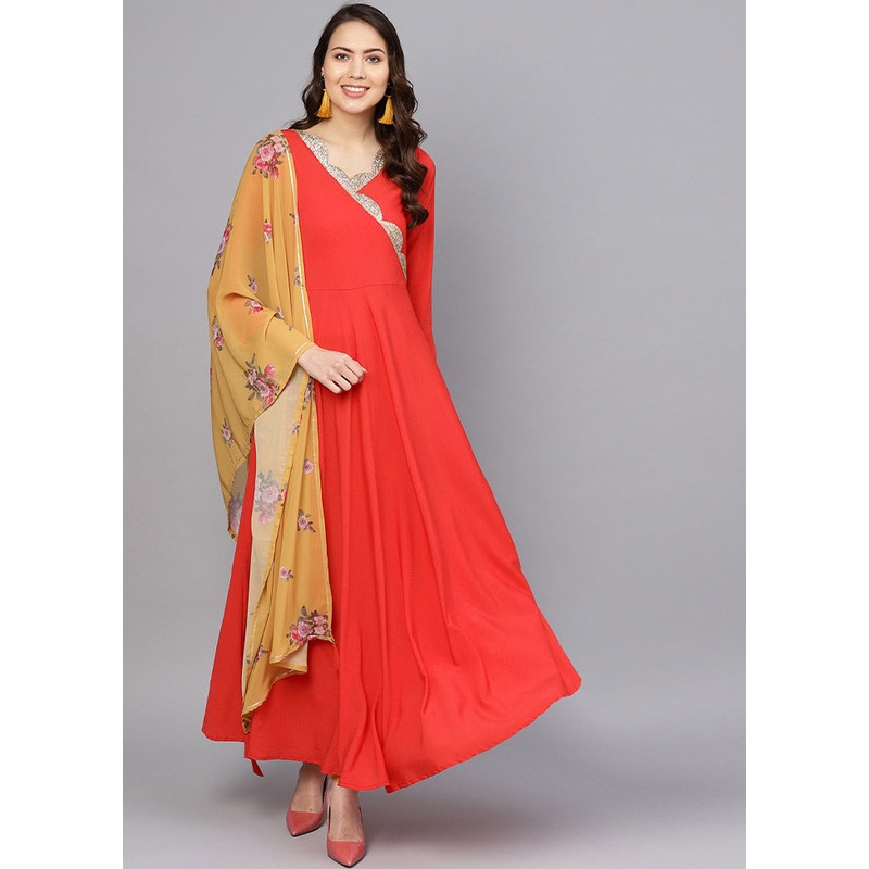 2 Pc Red Georgette Angrakha Style Kurti With Dupatta - JD986585266