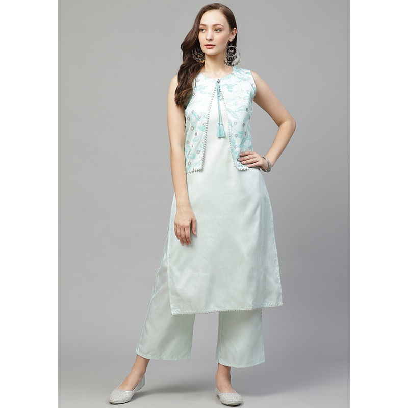 2 Pc Sea Green Readymade Silk Straight Kurti Set - JD986585245