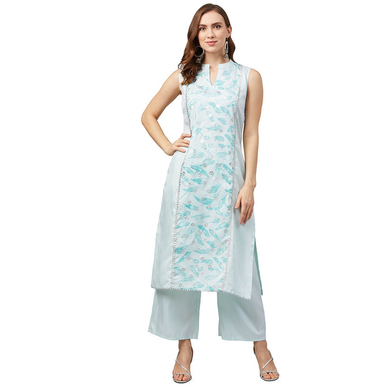 2 Pc Sea Green Readymade Silk Straight Kurti Set - JD986585247