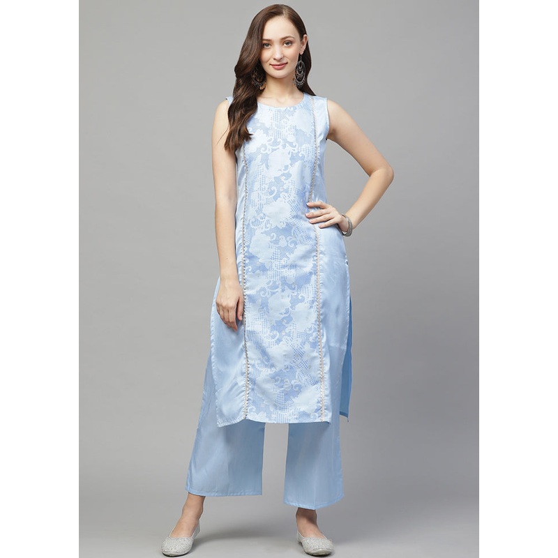 2 Pc Sky Blue Readymade Silk Straight Kurti Set - JD986585246