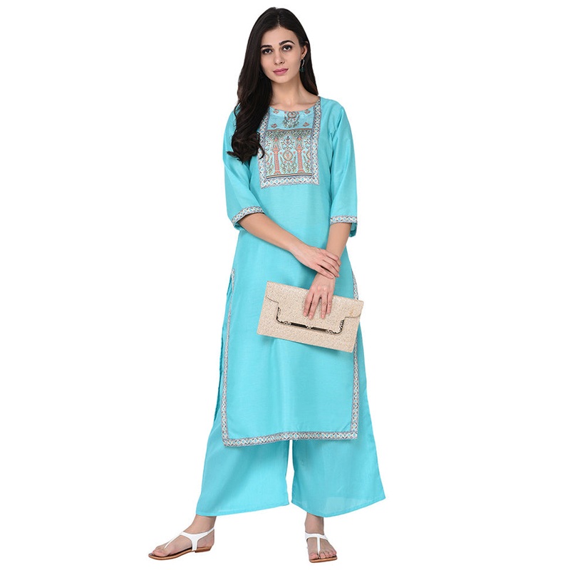 2 Pc Sky Blue Readymade Silk Straight Kurti Set - JD986585254