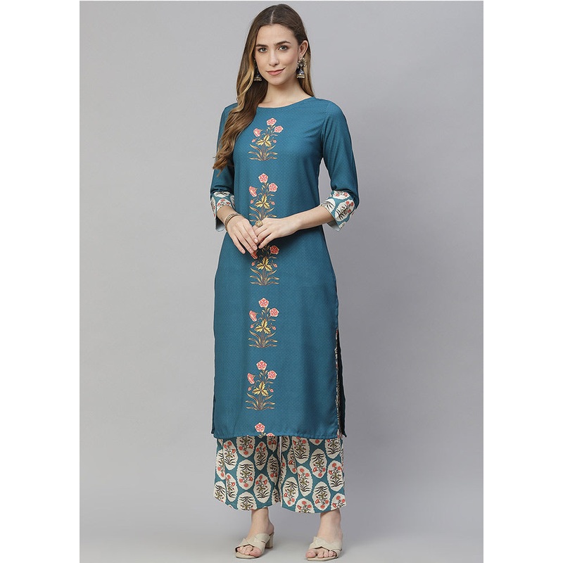 2 Pc Teal Readymade Rayon Kurti Set - JD986585265
