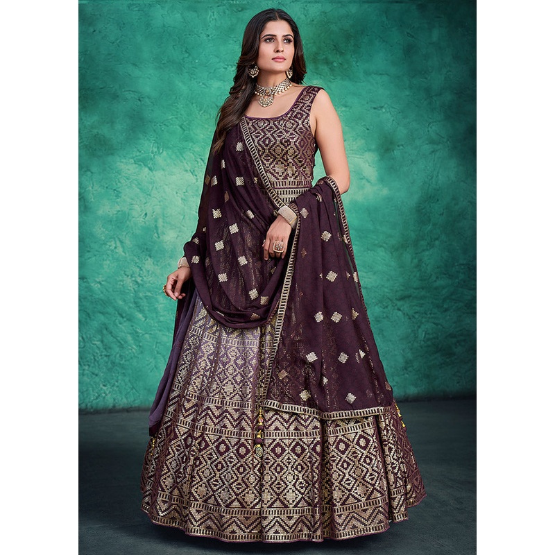 2 Pc Wine Readymade Georgette Gown Set - JD986585231