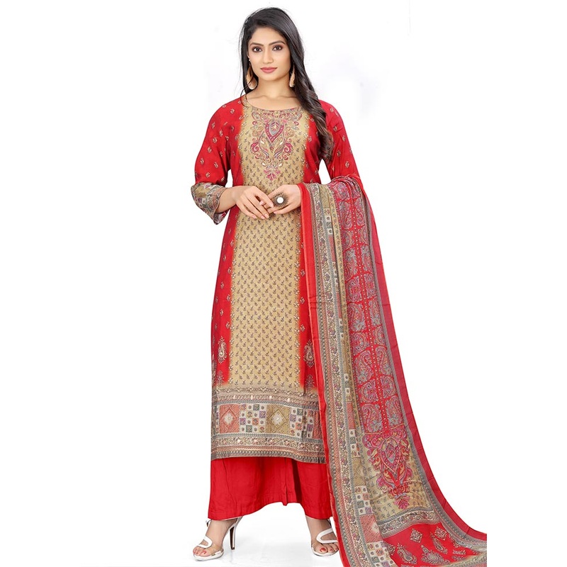 3 Pc Red Unstitched Silk Suit Set - JD986585418