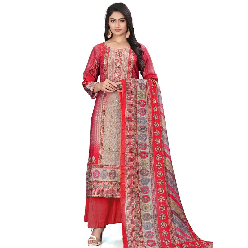 3 Pc Red Unstitched Silk Suit Set - JD986585419