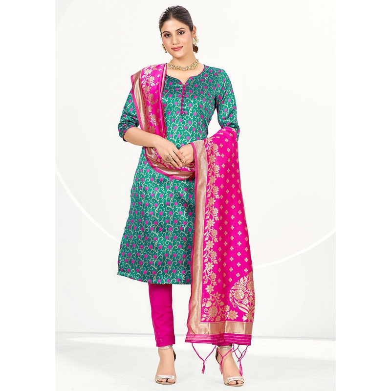 3 Pc Sea Green Unstitched Silk Suit Set - JD986585413