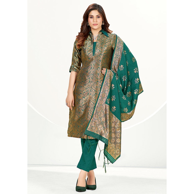 3 Pc Sea Green Unstitched Silk Suit Set - JD986585414