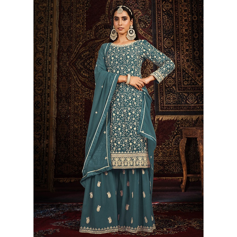 3 Pc Teal Georgette Unstitched Suit Set - JD986585403
