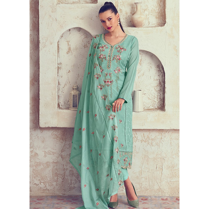 3 Pc Turquoise Unstitched Net Suit Set - JD986585395