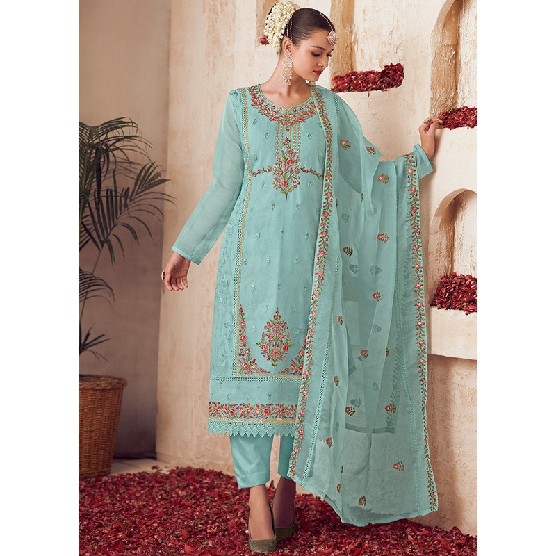 3 Pc Turquoise Unstitched Net Suit Set - JD986585396