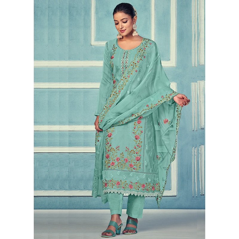 3 Pc Turquoise Unstitched Net Suit Set - JD986585397