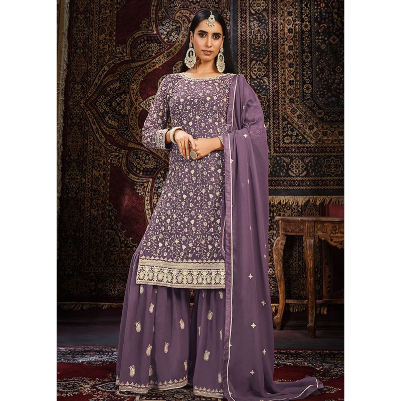 3 Pc Voilet Georgette Unstitched Suit Set - JD986585394